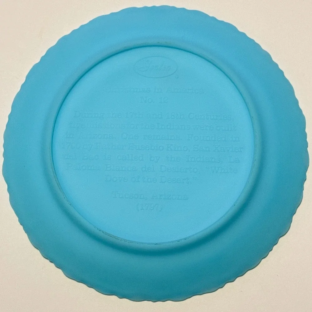 Fenton Blue Satin Glass Christmas 1981 San Xavier del Bac Mission Plate #12 8in